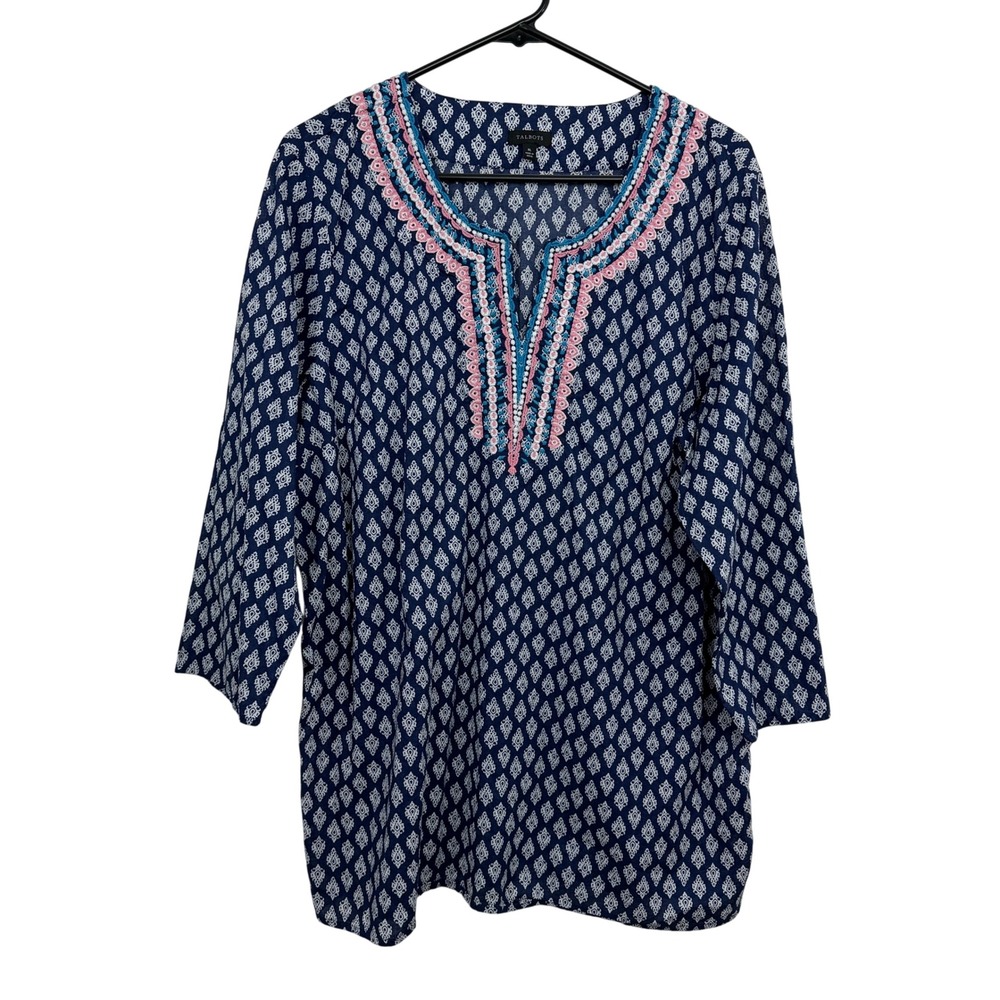 Talbots Top Womens XL Blue Embroidered Split Neck Medallion Print Cotton Tunic